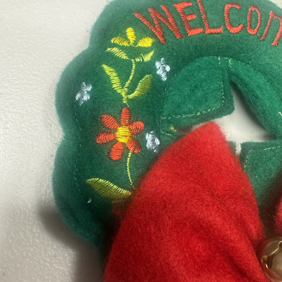 Vintage 2 Christmas Door Knob Cover Plush Welcome Wreath Embroidered Bells - Picture 6 of 11